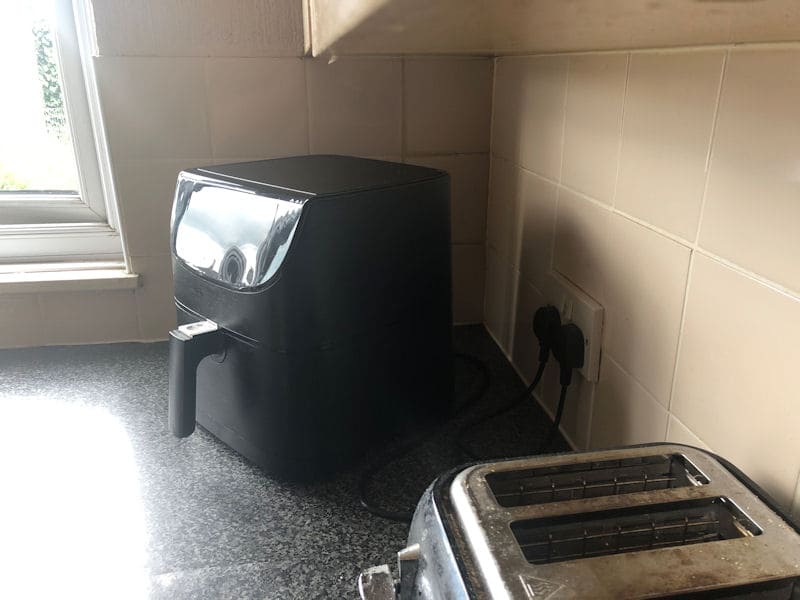 Location of air fryer in my kitchen, positioned in an angle