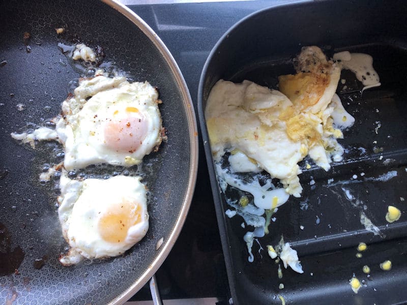 Pan fried eggs left; air fried eggs right