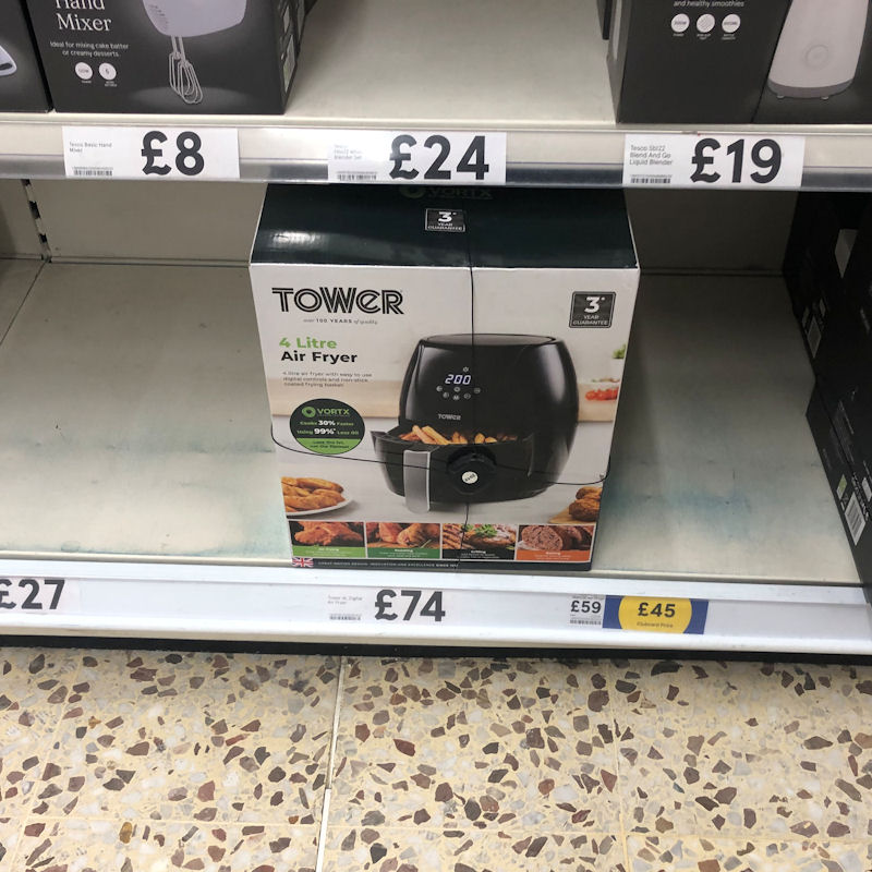 Tower air fryer positioned on shelf of British supermarket