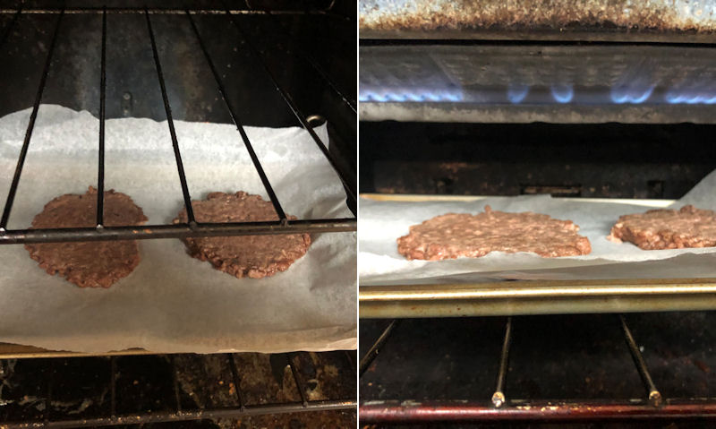 Fresh mince beef smash burgers cooking in oven versus broil