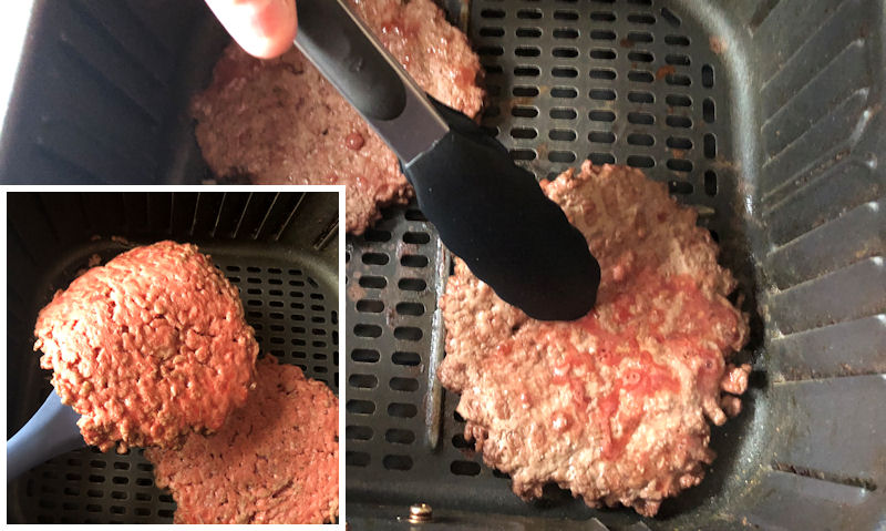 Flipping over air fried burgers with tongs and spatula