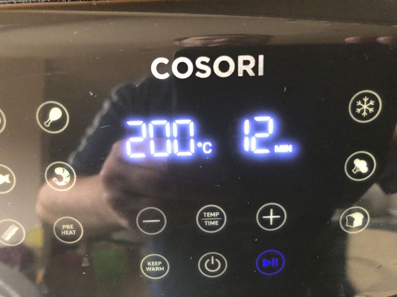 My Cosori air fryer time and temp set to 390°F/200°C, 12 minutes