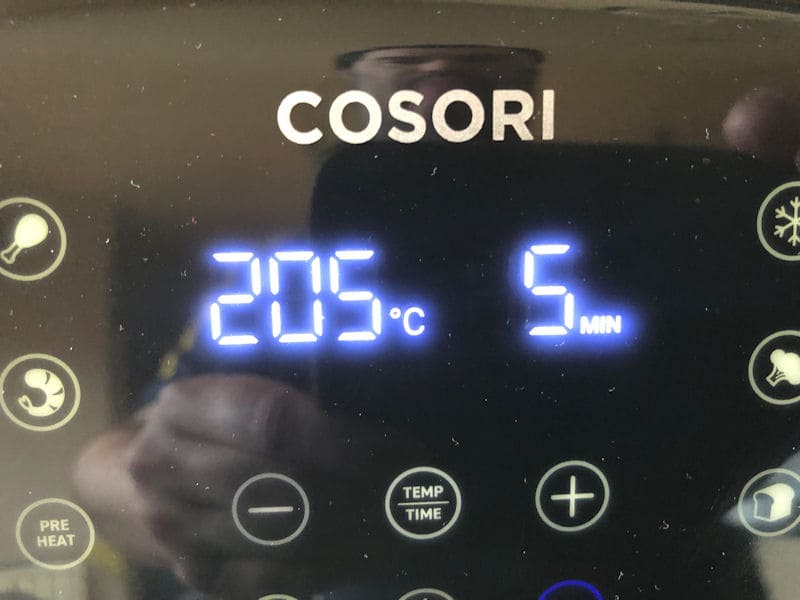 Cosori air fryer temperature at 400°F/205°C; time set to 5 minutes