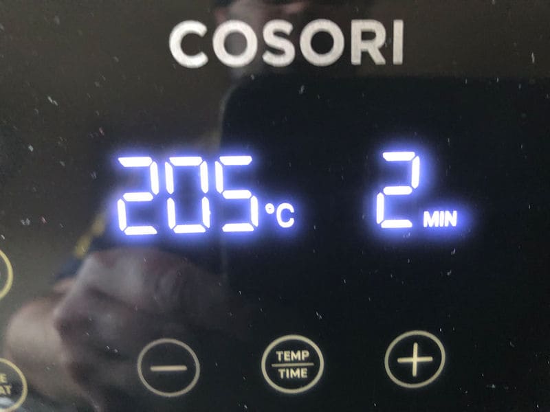 Cosori air fryer temperature at 400°F/205°C; time set to 2 minutes