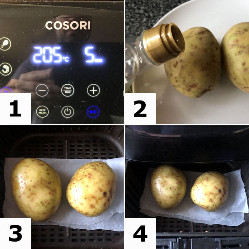 Picture directions for preparing two spuds for jacket potatoes