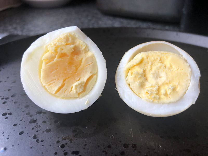 Left side egg is proper boiled egg; right side egg is air fried