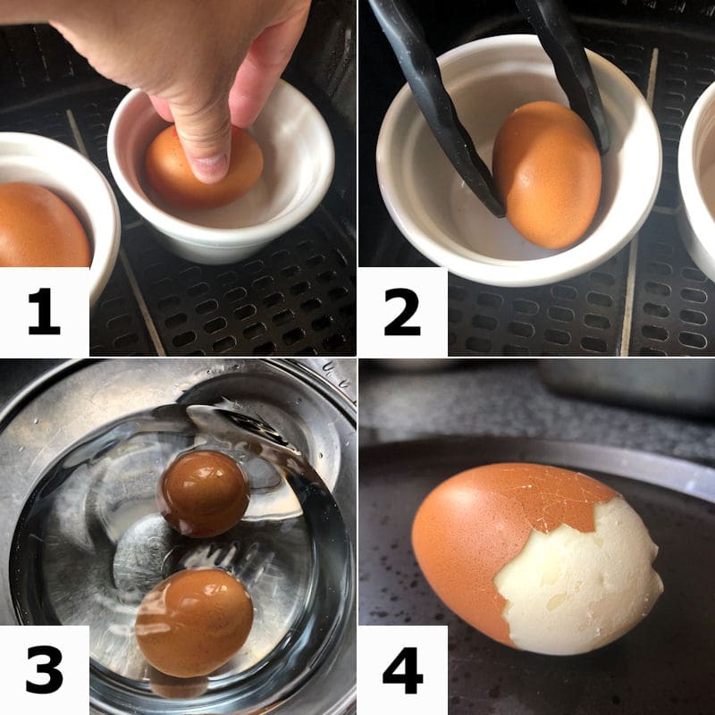 Picture directions for air frying two hard boil eggs