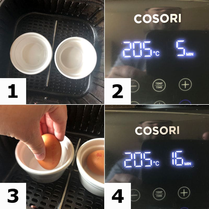 Picture directions for preparing air fried eggs in their shell