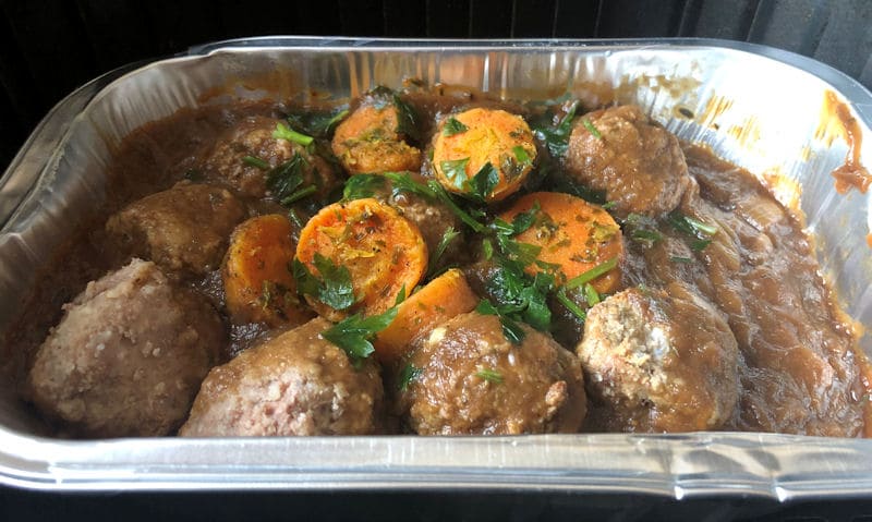 Beef & Ale Beef Meatballs in foil tray, positioned in air fryer