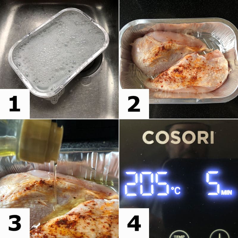 Picture directions for preparing chicken breasts for air frying in foil tray