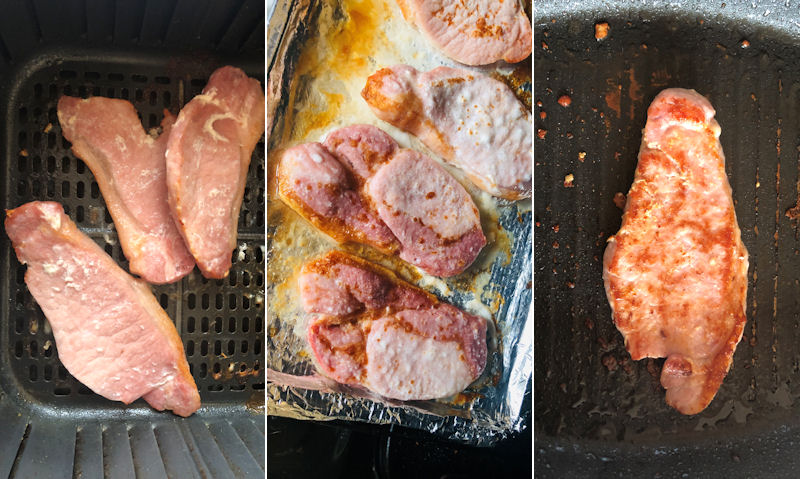 Cooked air fried, broiled/grilled, pan fried bacon chops compared side by side