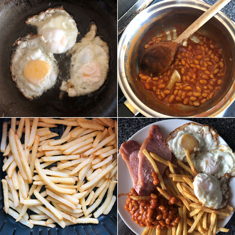 Bacon chop meal consisting of chops, fried eggs, baked beans, French fries