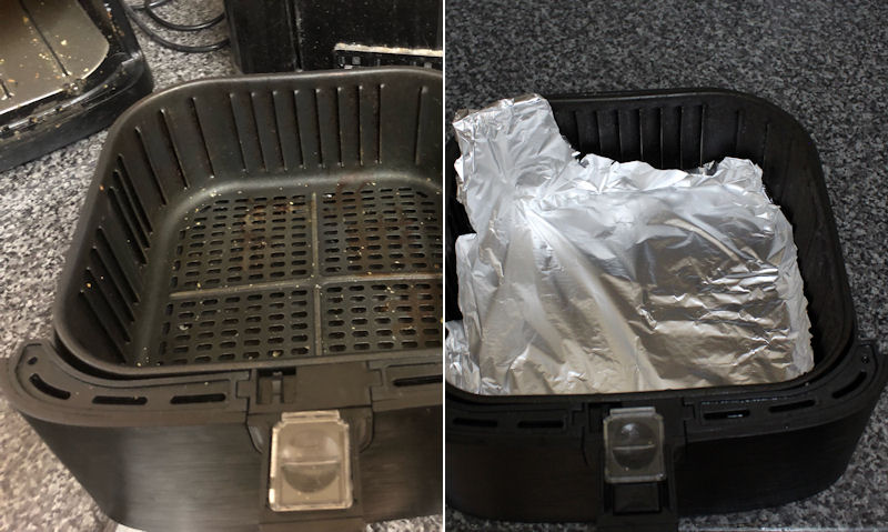 Foil-free air fryer basket shown in left image; foil lined basket demonstrated in right image