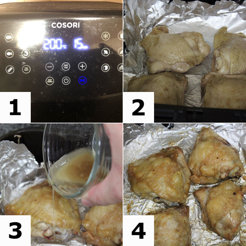 Demonstrating how to cook chicken thighs in air fryer in four images