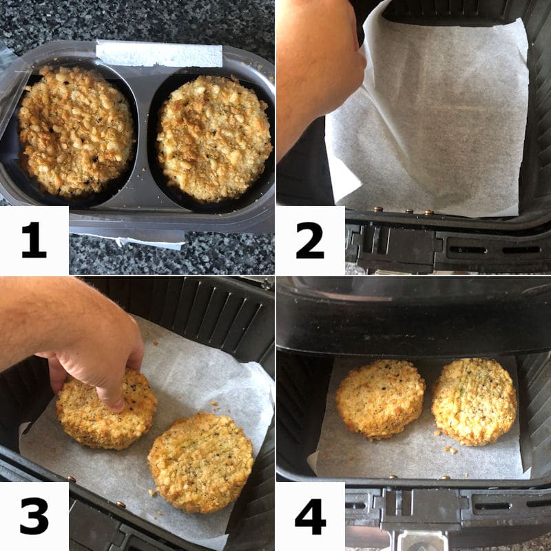 Picture directions for preparing 2 fish cakes for air frying