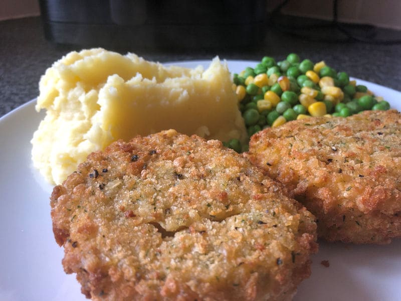 Air fried fish cakes served with mixed vegetables and mash potatoes