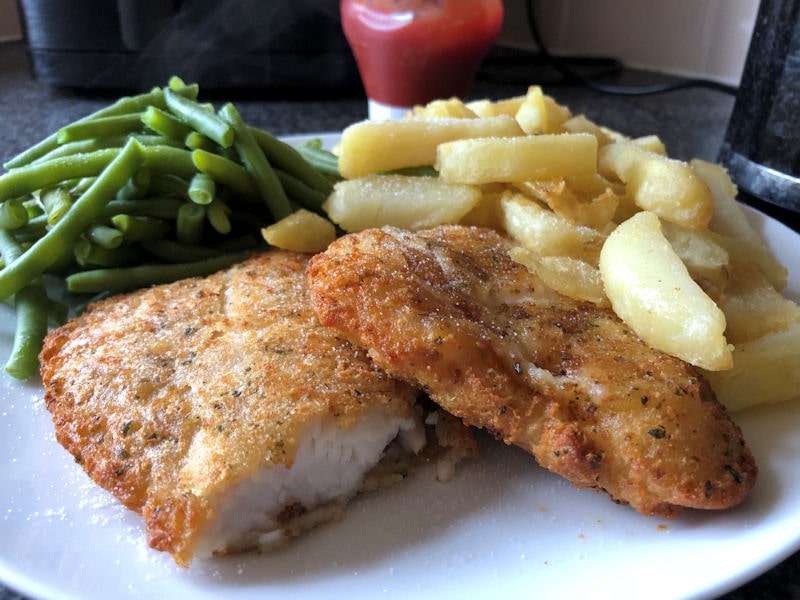 Air fried battered fish with fries and green bean dinner