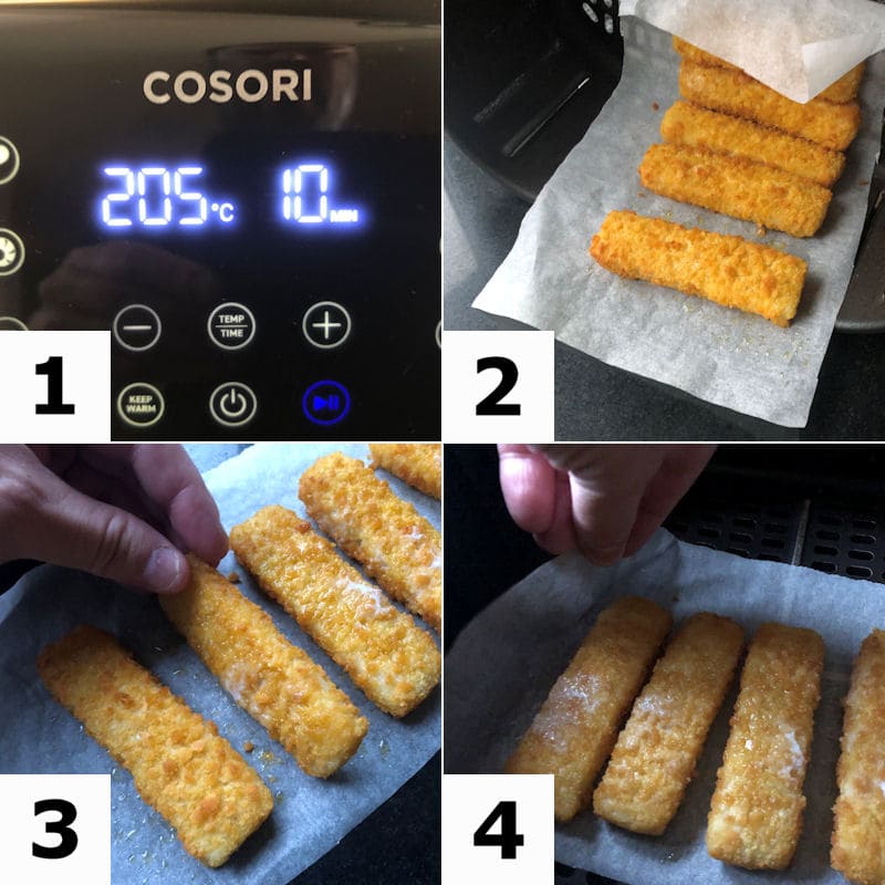 Picture directions for how to air fry 5 frozen fish fingers