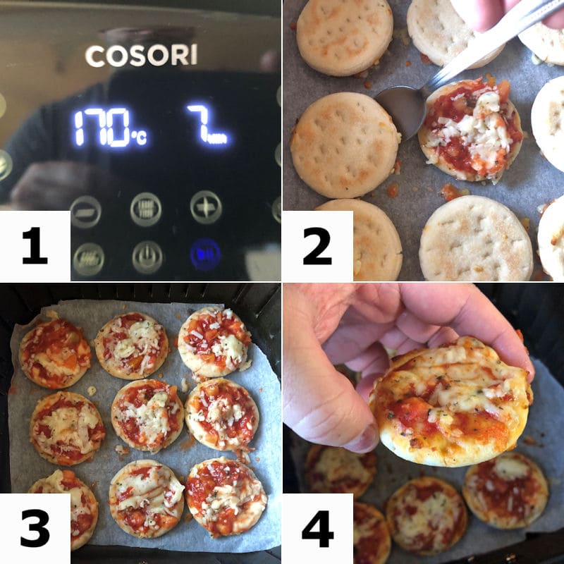 Picture directions for how to air fry frozen mini pizzas