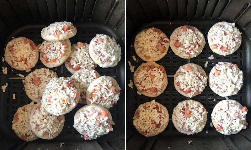 Left
image: piled in mini pizzas; right image: how to position mini pizzas in basket