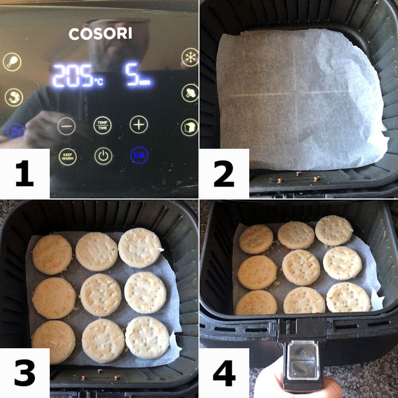 Picture directions for preparing frozen mini pizzas in air fryer