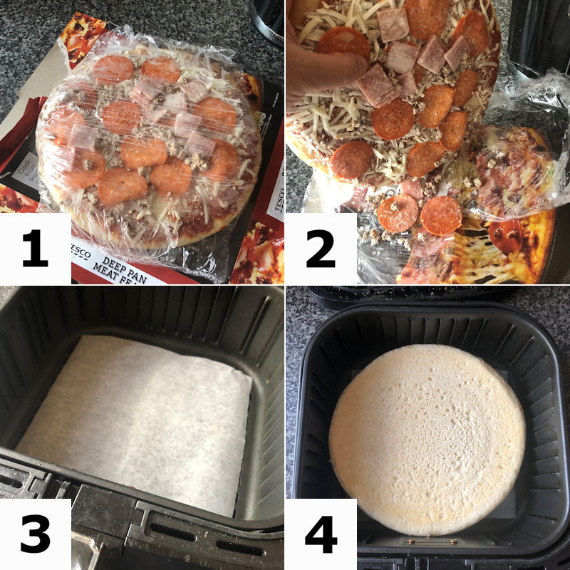 Demonstrating air fryer frozen pizza preparation