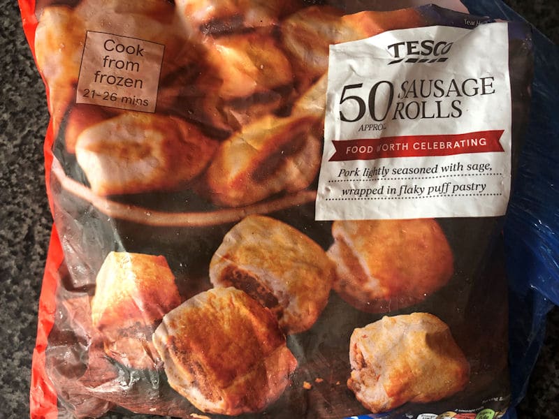 Tesco cook from frozen 50 party sausage rolls in plastic packaging