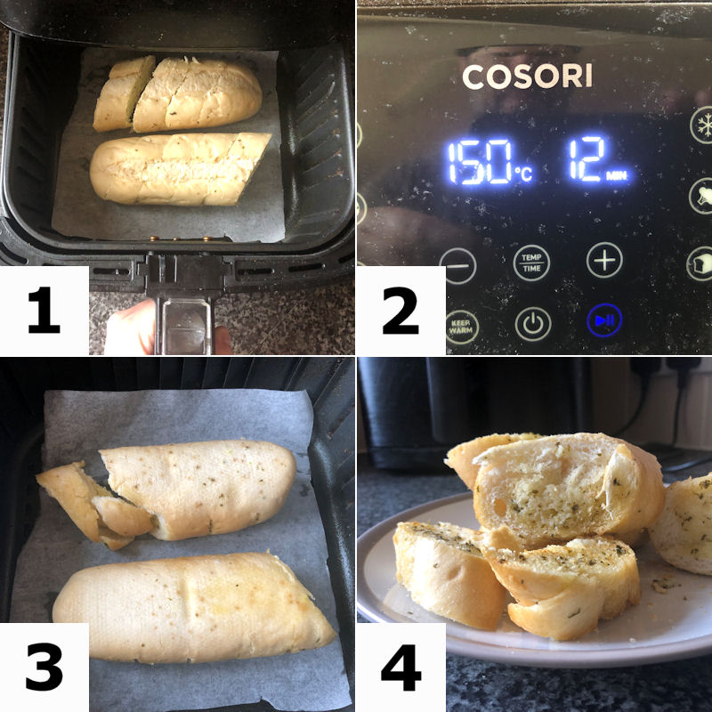 Directions for air frying a garlic baguette in 4 images