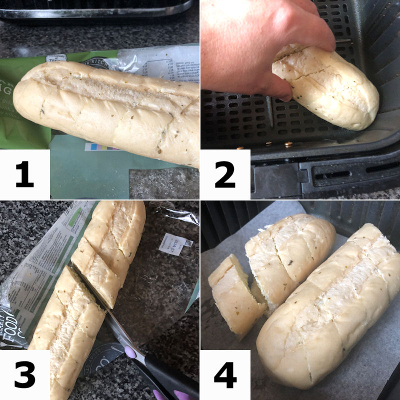 Directions for preparing an air fried garlic baguette in 4 images