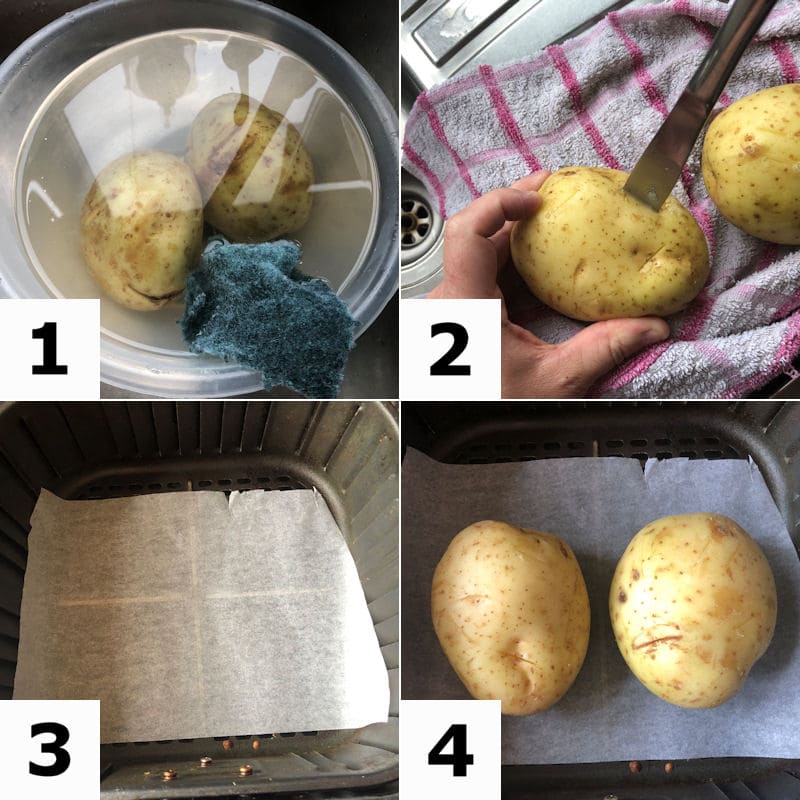 Picture directions for preparing two jacket potatoes for air frying