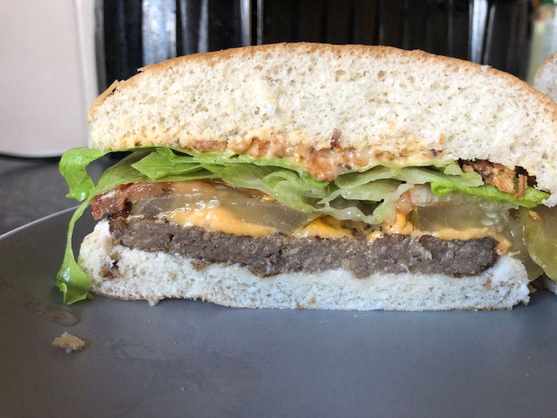 Cut open Rustlers burger once assembled out of the air fryer