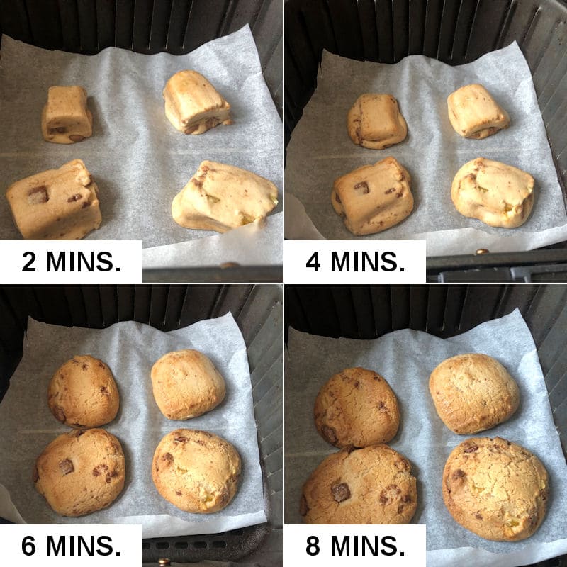 Picture show the stages of which cookie dough melts inside the air fryer basket