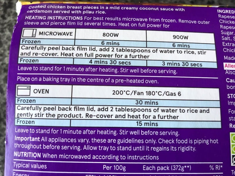 Oven cooking instructions of frozen Chicken Korma box