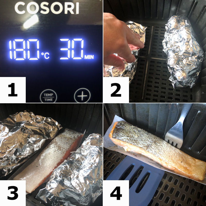 Directions for cooking salmon fillet and vegetables in air fryer