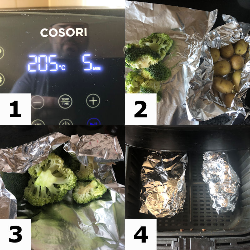 Direction for preparing salmon and veggies for air frying