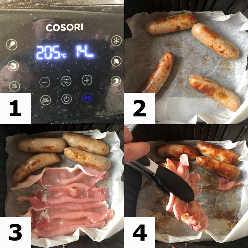 Directions for air frying sausages and back bacon