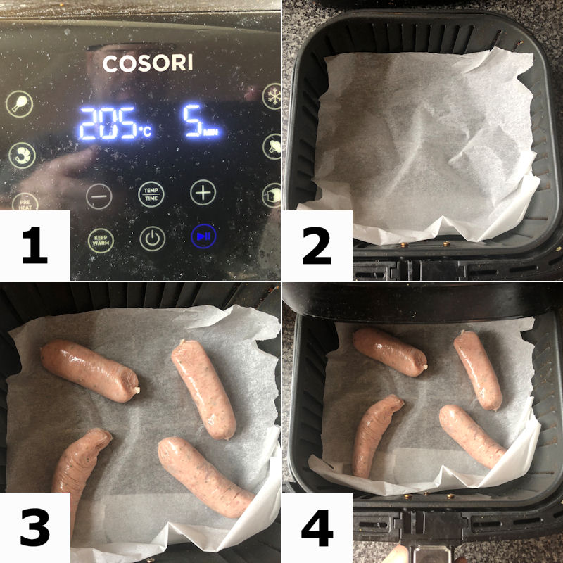 Directions for preparing sausages and bacon for air frying together