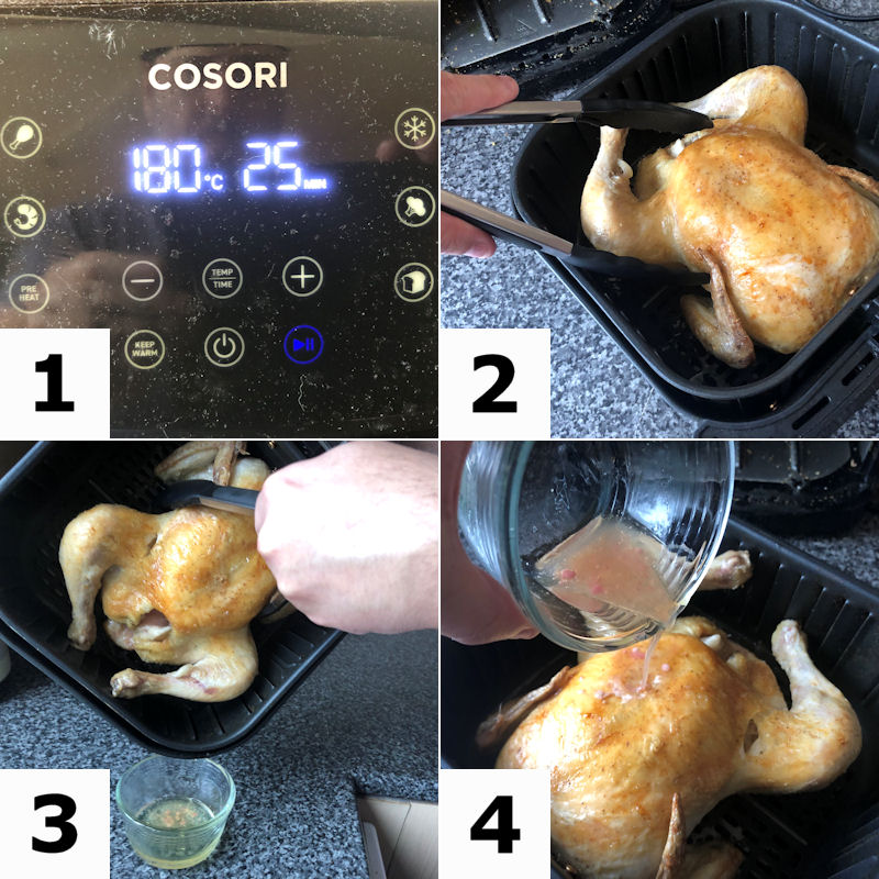 Process of basting a small whole chicken in pictures