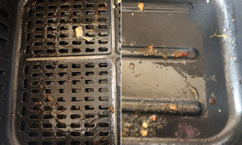 Split image demonstating grease covered air fryer basket, container