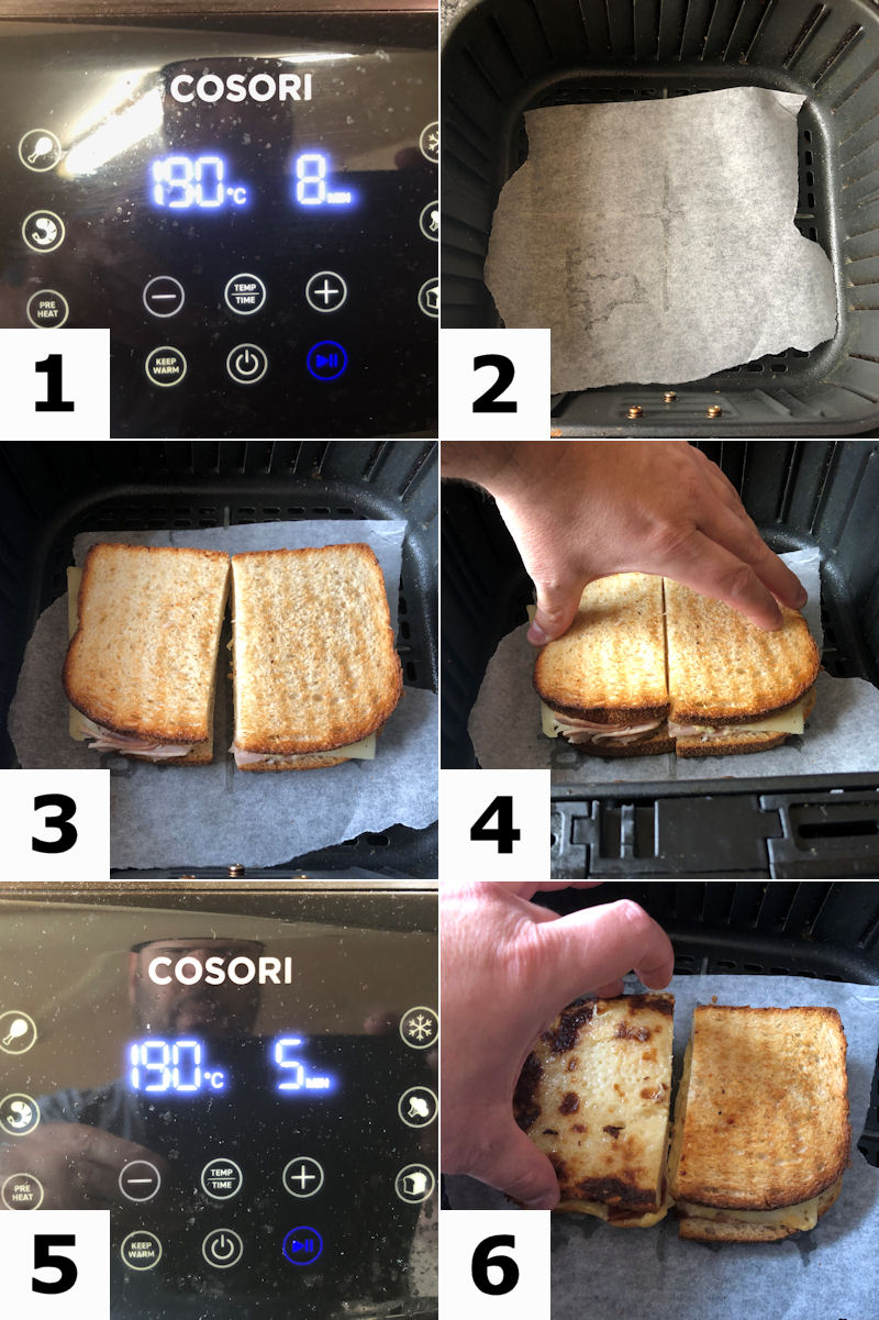 6 images showing step by step guide to cooking a toastie