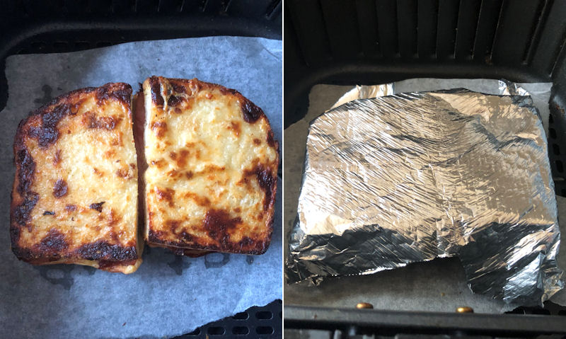 Split image of charred toastie; toastie wrapped in foil