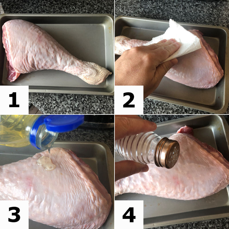 Directions in four images for preparing a turkey leg for air frying