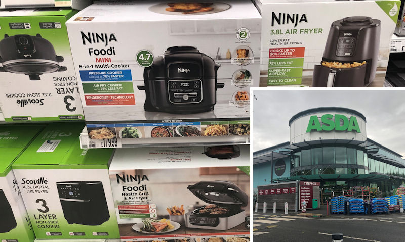 Asda Hereford store corner picture, in-store air fryer range on shelves