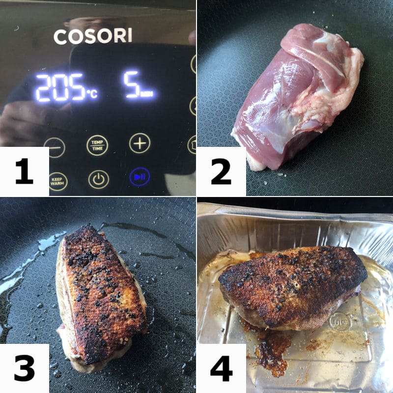 Picture directions for air frying a single duck breast in frying pan to air 
  fryer