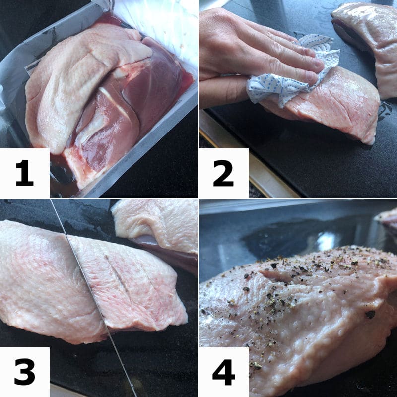 Picture directions for preparing a duck breast for air frying