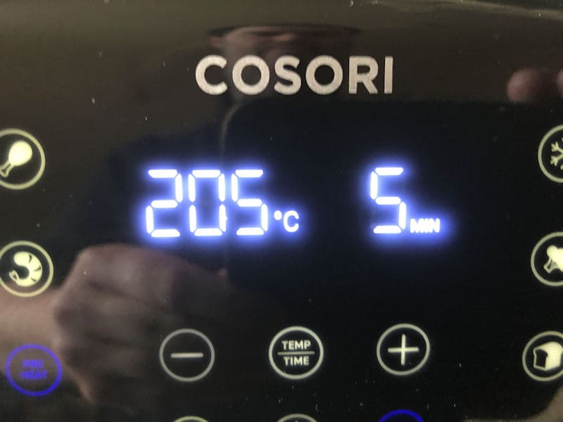 Preheat function set on Cosori air fryer to 5 minutes