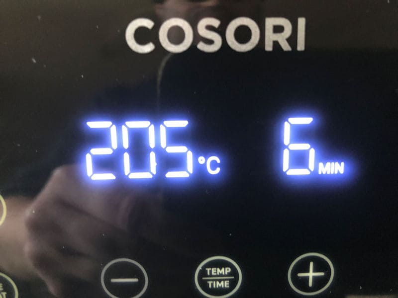 Time and temp set on Cosori air fryer