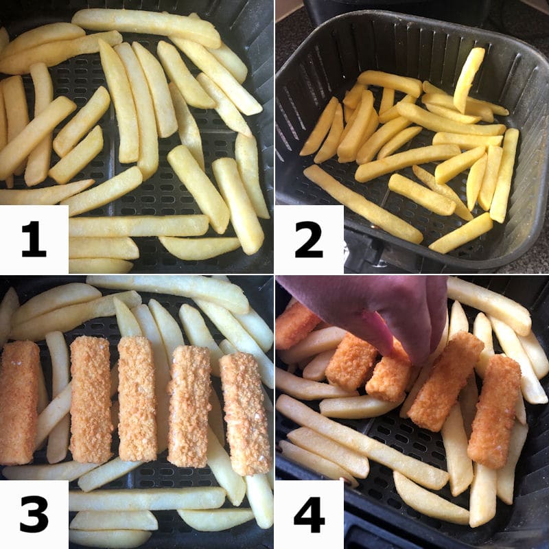 Picture directions for air frying fish fingers and chips together