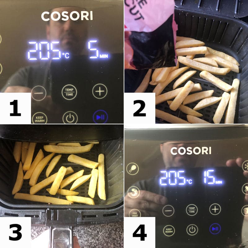 Picture directions for preparing fish fingers and chips for air frying