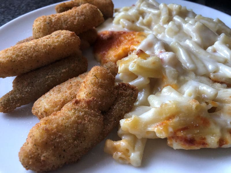 Mac and cheese served with a portion of jalapeno pepper bites